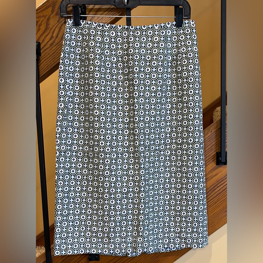 Talbots Pencil Skirt Silk Wool Blend Blue Green Geo Pattern Zip Back SZ. 6